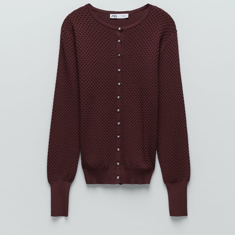 Zara Textured Weave Knit Jewel Buttons Burgundy XS